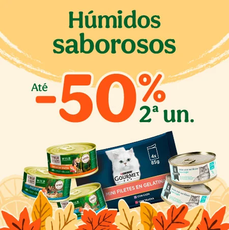Até 50% de desconto na 2ª unidade de alimento húmido para gato. Até 50% de desconto na 2ª unidade de alimento húmido para gato.